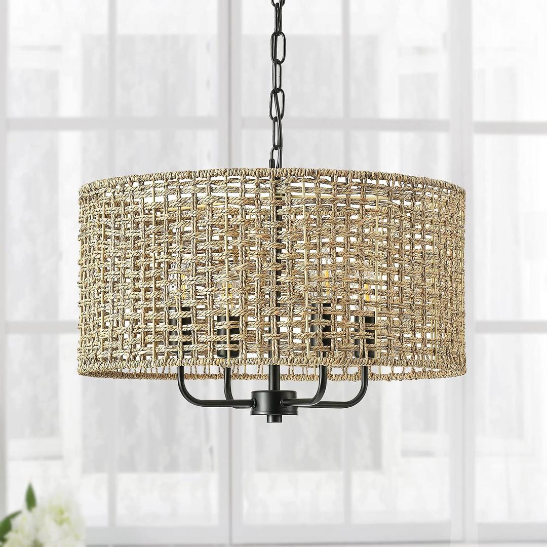 Rattan Wicker Drum Chandeliers for Dining Room, 4-Light Bohemian Hand-Woven Farmhouse Drum Pendant Chandelier Light Fixture for Entryway Living Room Kitchen Stairway Bedroom Hallway, 20" Ratan Chandelier
