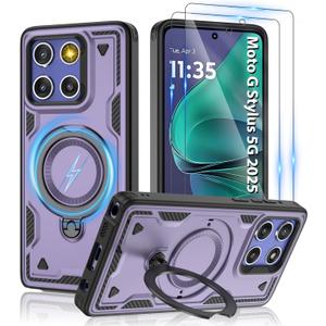 For Moto G Stylus 5G 2025 Magnetic Case,Compatible with MagSafe & HD Screen Protector,Metal Rotated Kickstand,Military Grade Drop Proof Anti-Fingerprint Protective,Moto G Stylus 5G 2025,Purple