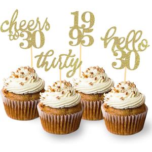 24 PCS Gold Glitter 30th Birthday Cupcake Toppers for Celebrating Thirty Years Old Birthday Party Decorations for 30th Anniversary Party Supplies