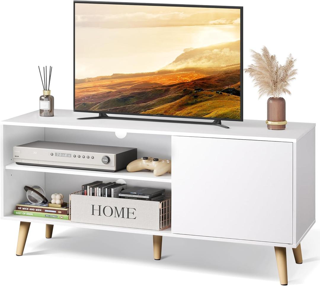 WLIVE TV Stand for 55 Inch TVs, Entertainment Center with Storage Cabinet, Mid-Century TV Stands for Living Room and Bedroom, 50" TV Console, White