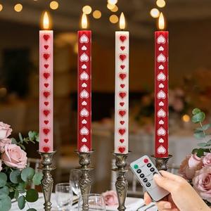 SEHNSY Valentine's Day Candles Heart Flameless Taper Candles with Remote, Real Wax Battery Operated Candles, Romantic LED Candlesticks for Valentine Decor, Proposal Wedding & Dinner Table (4 Pack)