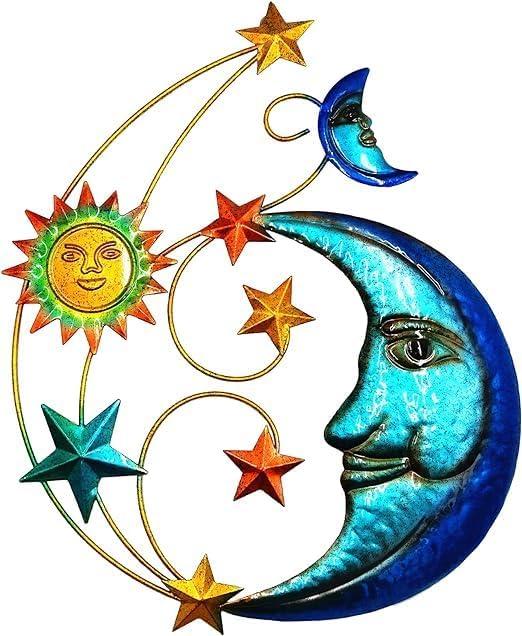 Metal Sun Outdoor Wall Art Decor, Large Size 17'' Sun Face Metal Wall Sculpture with Moon & Stars for Home Wall Decoration Living Room, Bedroom, Outside Decor for Yard, Patio, Garden Fence Deck Pool