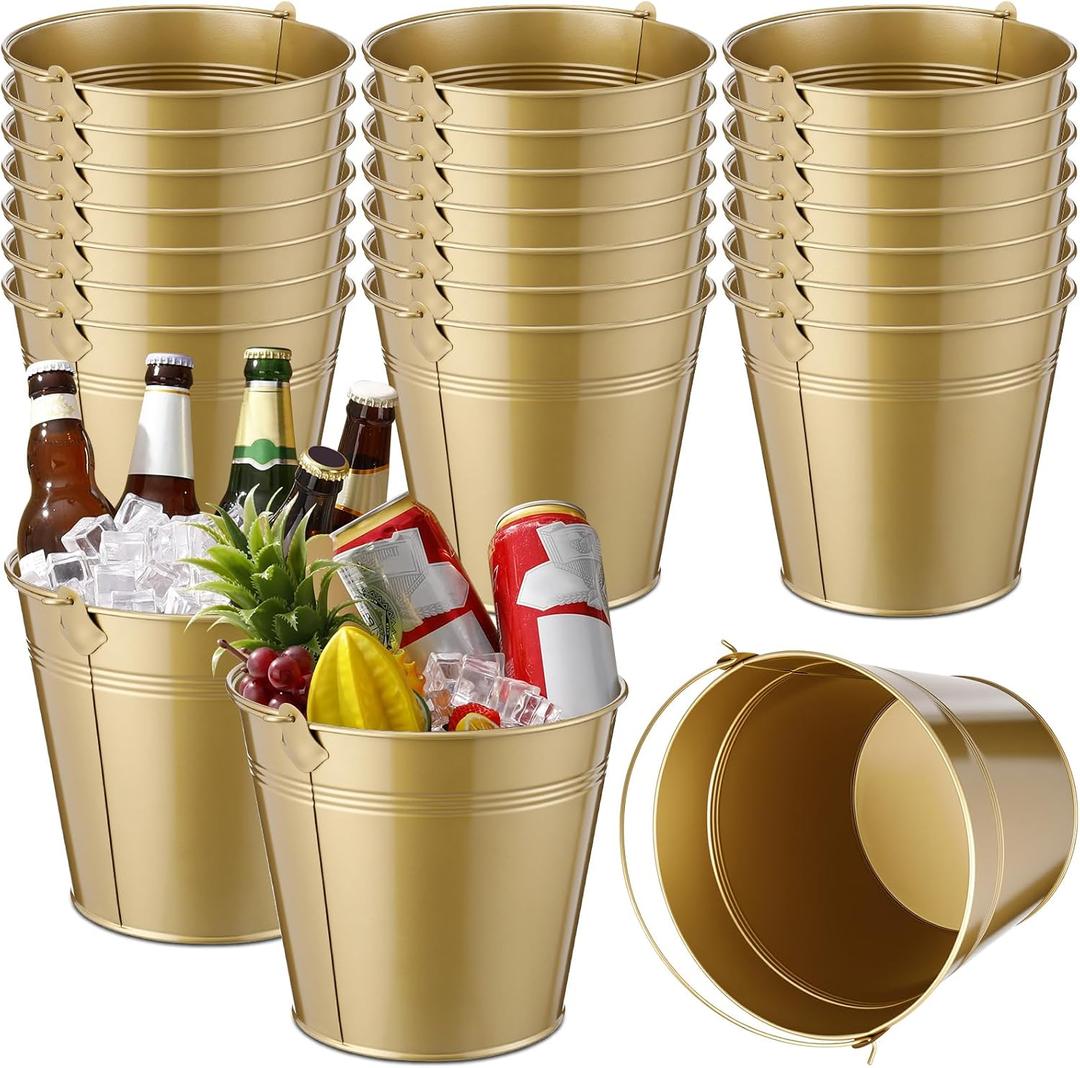 Didaey 24 Pcs Metal Beer Bucket Bulk Ice Bucket Ice Pails with Handle Champagne Soda Party Beverage Chiller for Summer Picnic Pool Wedding Party Supplies Wine Champagne Bar (7.1 x 6.5 x 5.1", Gold)