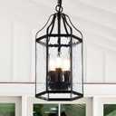 8" Modern 3-Light Exterior Black Lantern Pendant Light Fixture with Clear Rippled Glass Mini Industrial Hanging Cage Chandelier for Outdoor Kitchen Dining Room Hallway Entryway Foyer Porch