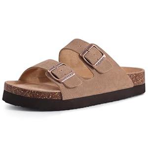 Platform Suede Sandals Soft Cork Footbed Summer Slides with Adjustable Buckle (9.5-10, Apricot)