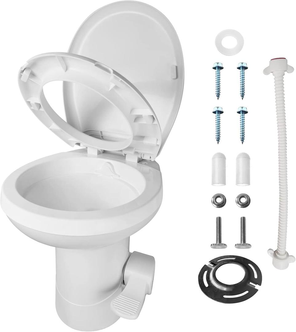 Mupera RV Toilet - Upgraded Pedal Flush T-Type Water Outlets Gravity Flush Toilet with Flange(2025 New), with Damping Slow Down Toilet Seat and Cover for Motorhome RV
