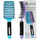 HIPPIH 2 Pack Boar Bristle Hair Brush, Wet & Dry No Pull Curved Vented Hair Brush, Styling Magical Brush Detangler for Kids & Men, Hairbrush for Women Can Adds Shine & Smooth Curly Thick Hair (Blue & Purple)