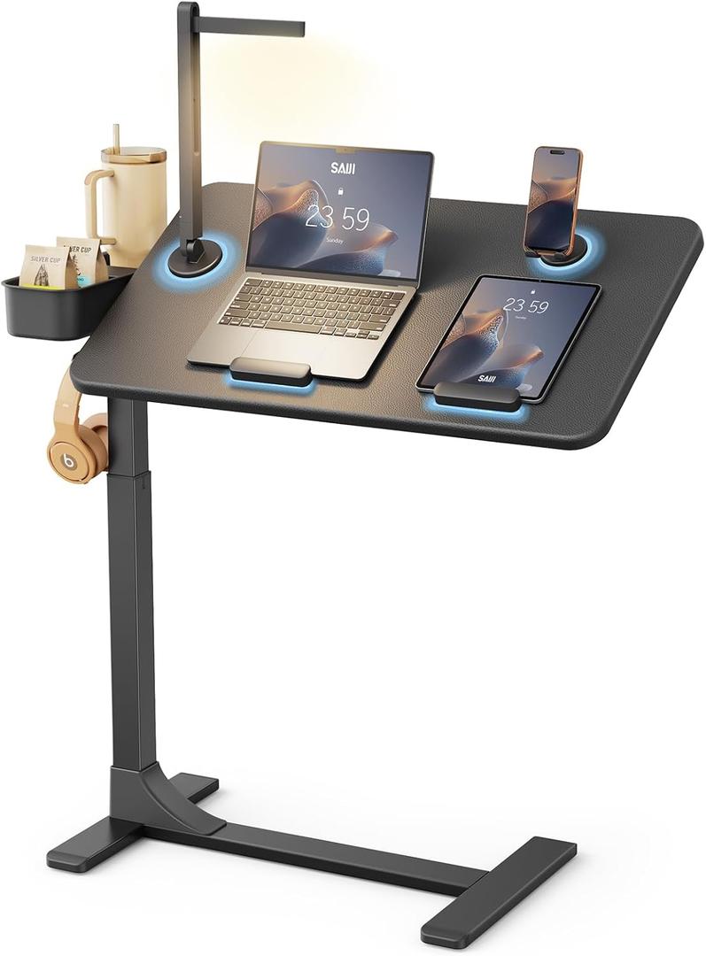 SAIJI Magnetic Overbed Bedside Table with Wheels, Height and 360 Angle Adjustable Over Bed Desk with Led Light, Portable Lengthened Rolling Laptop Standing Desk Mobile Bed Tables Hospital Home Use, 15.75 inches x 27.56 inches x 42.13 inches