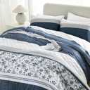 Bedduvit Navy King Size Comforter Set - 100% Cotton Floral Bedding Sets, All Season Reversible Botanical Luxurious Comforters, 3pcs Vintage Pleated Striped Quilt, Geometric Pattern, Blue/White/Gray (King (90"*104"), Navy Blue/Gray)
