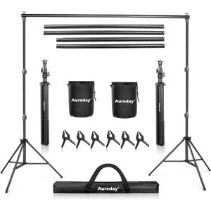Aureday Backdrop Stand, 10x7 Ft Adjustable Photo Backdrop Stand Kit with 4 Crossbars, 6 Background Clamps, 2 Sandbags, and Carrying Bag for Parties/Wedding/Photography/Festival Decoration