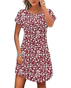 PLOKNRD Summer Dress Casual Beach Short Sleeve Fit T Shirt Sundresses Flowy Cover Ups, Red White Flower-XL