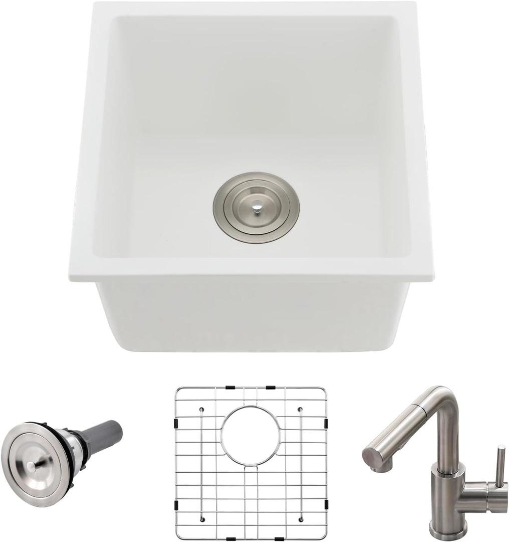 Undermount White Bar Sink, 16x16 Inch Small Granite Composite Wet Bar Sink with Faucet Combo Single Bowl Outdoor Quartz Undermount Sink for Island Station, Small Space