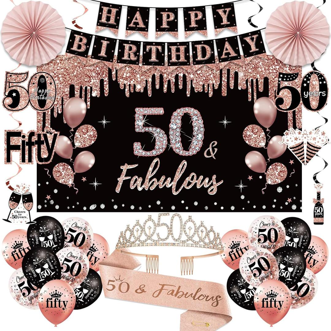 50th Birthday Decorations for Women, 33pcs 50th Birthday Crown and Sash, Black Rose Gold Happy 50th Birthday Banner Balloons Backdrop Hanging Swirls Paper Fans, 50 Years Old Birthday Decorations Kit