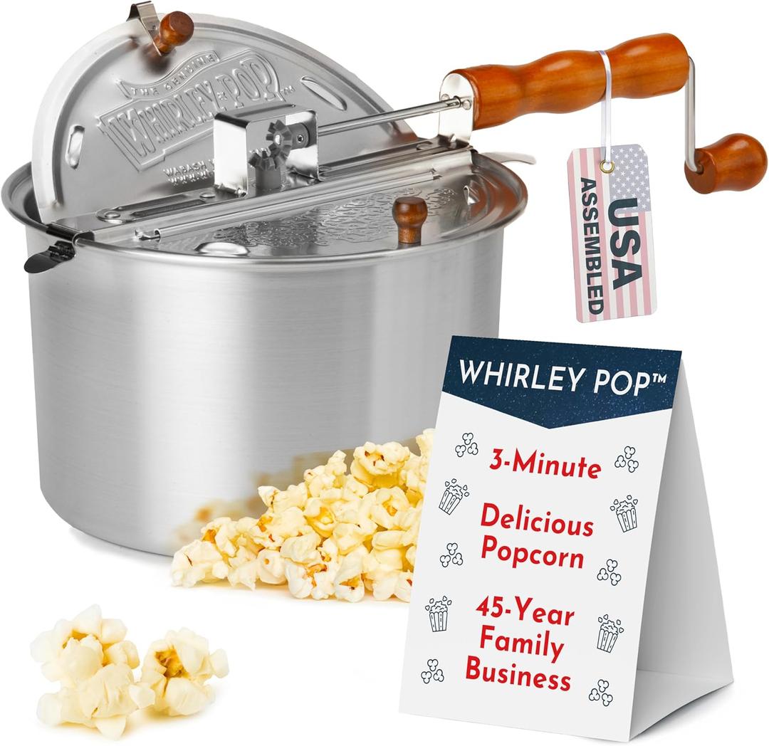 Original Whirley Pop Popcorn Maker - Wabash Valley Farms Gourmet Popcorn Popper, Aluminum Pot With Nylon Gears, 3-Minute Stove Top Popper, Home Movie Night (Silver)