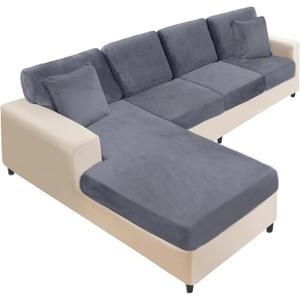 NAISI Sectional Couch Covers 8 Pieces Velvet Couch Cushion Covers L Shape Soft Stretch Sofa Slipcovers with 2pcs Pillowcases for Left/Right Chaise Sectional Couch(3 Seater+1 Chaise+4 Back,Dark Grey)