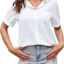 YAMANMAN Women's Button Down Shirt Work Short Sleeve Collared Blouse Classic Loose Tops Office Chiffon Blouse (White, M)