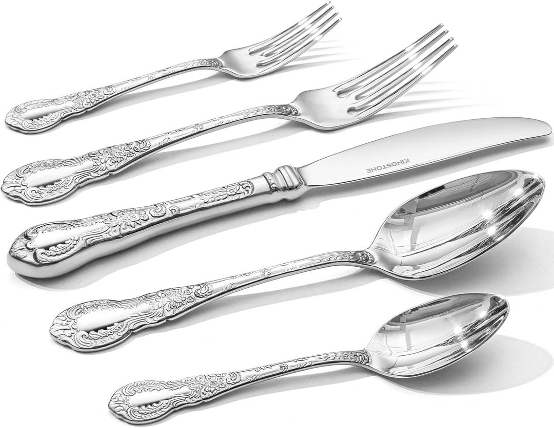 KINGSTONE Vintage Carved Silverware Set, 60-Piece 18/10 Stainless Steel Flatware Cutlery Set with Retro Royal Thick Handle, Tableware Utensils for Home, Restaurant, party, Wedding, Dishwasher Safe