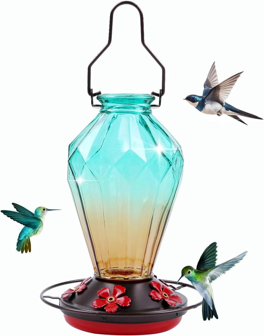 Glass Hummingbird Feeder for Outdoors Hanging, 25Oz Humming Bird Nectar Feeder, Perch, 5 Flower Feeding Ports, Leak Proof Base, Hook for Outside Garden Backyard, Gift for Women, Diamond Green