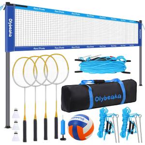 Outdoor Volleyball Badminton Combo Set with Net, Anti-Sagging Design, 4 Badminton Rackets, 3 Birdies and PU Volleyball for Backyard Lawn Beach (Deep & Light Blue Colorblock)