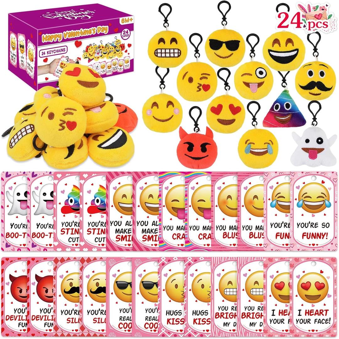 Valentines Day Gifts for Kids Classroom - 24Pcs Valentines Cards with Emoticon Plush KeyChains, Kids Teens School Valentines Exchange Cards Emotion Key Chains Party Favor Toys Carnival Prizes