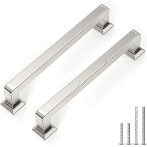 homdiy 10 Pack 5-1/16 Inch Brushed Nickel Cabinet Pulls, Solid Heavy-Duty Zinc Alloy Kitchen Handles, Modern Square Drawer Pulls for Cupboard, Dresser, Wardrobe
