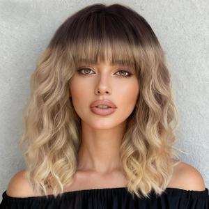 XIXIBI Blonde Wigs with Bangs Short Ombre Blonde Wavy Bob Wigs for Women Natural Looking Heat Resistant Synthetic Wigs for Daily Party Cosplay Use 14 Inch