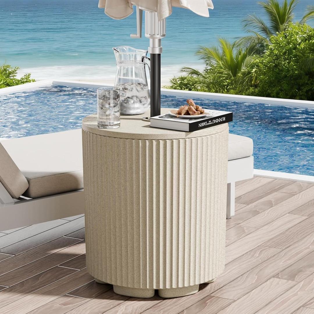 Outdoor Umbrella Stand with Hole, Umbrella Side Table, Beige | 1.5 Inch Umbrella Hole, In Pool, Weighted Water Filled Bladder, Fluted Vertical Ribbed Design, All Weather Side Table Base