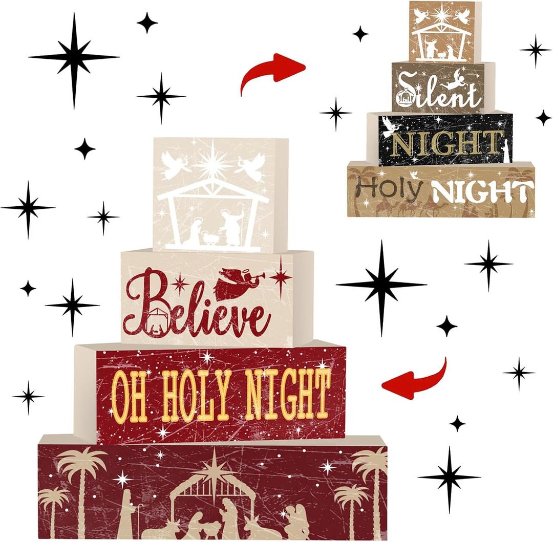 2 x 4Pcs Wooden Christmas Nativity Tiered Tray Decor Christmas Table Decoration Jesus Decor Coffee Table Centerpieces for Home Kitchen Office Decorations