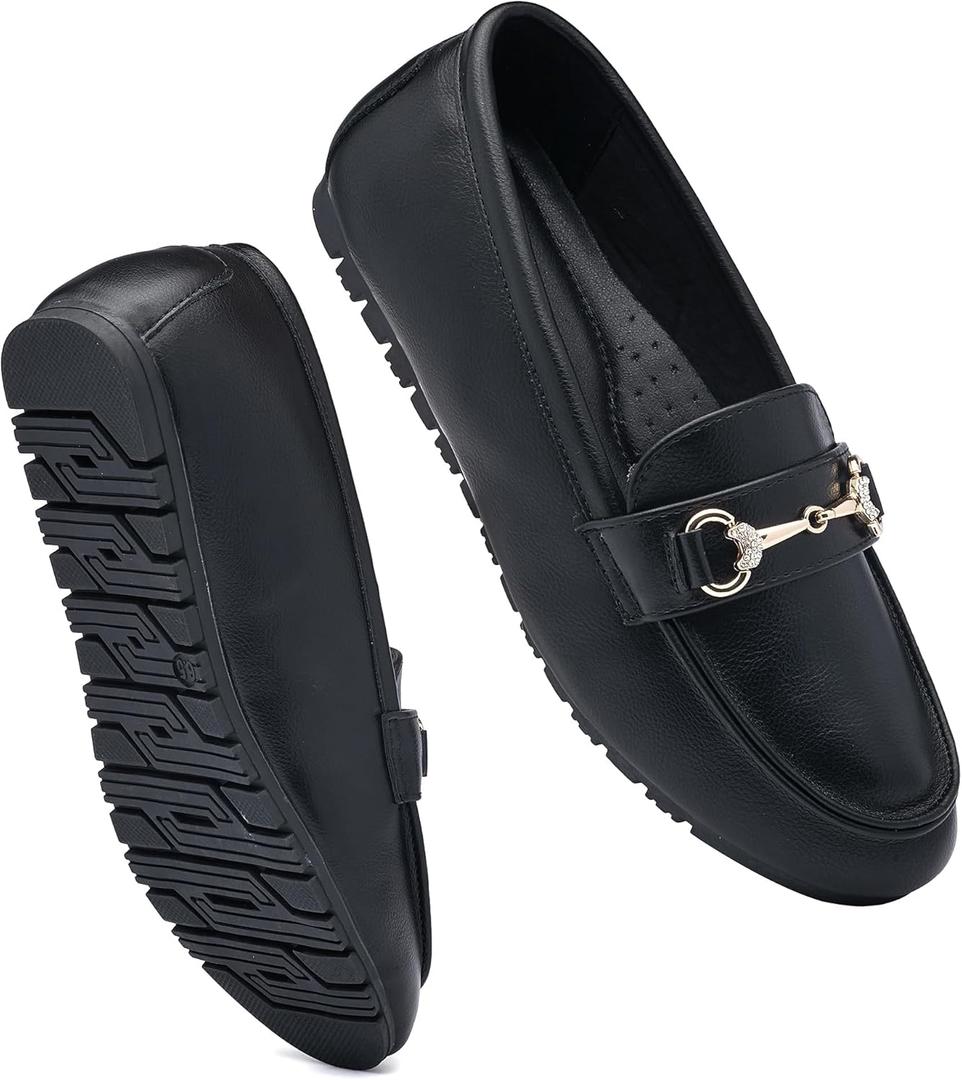 Women's Wide Loafers Casual Slip on Flat Shoes Women's Comfort Penny Loafers with Arch Support Women Dressy Moccasins (9.5 Wide, Black Pu)