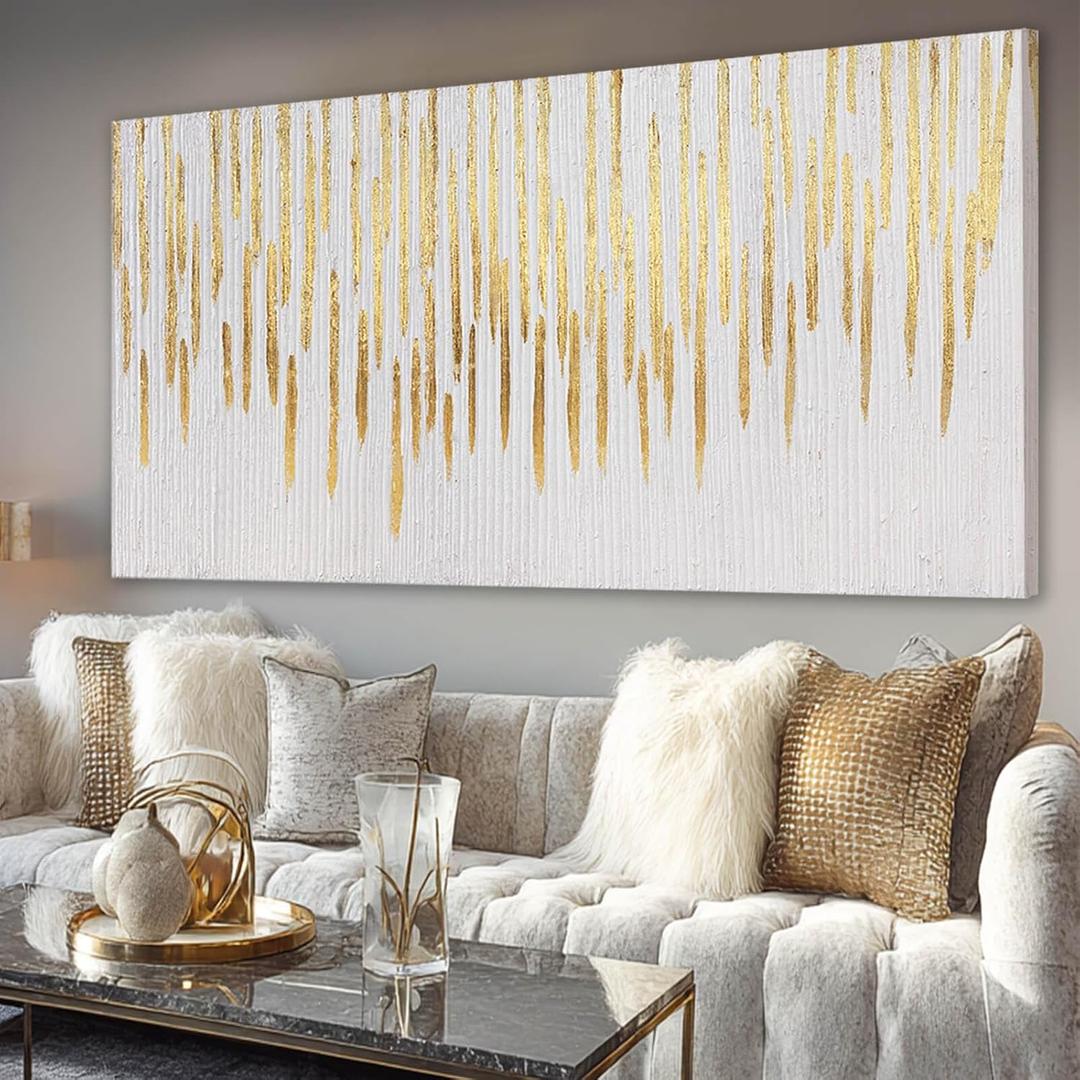 YJYart Gold Wall Decor Abstract Wall Art for Living Room White Canvas Pictures Artwork for Gallery Hotel 24"x48"