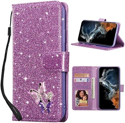UEEBAI Wallet Case for Samsung Galaxy S24 Plus/S25 Plus 5G, Glitter PU Leather Phone Case Card Slots Kickstand Case Magnetic Closure Bling Flip Case Shockproof Hand Strap Flip Cover - Glitter Purple