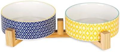 Selamica Ceramic 14 OZ Dog Bowls with Wooden Stand, Anti-Slip Cat & Small Dog Dishes Set, Weighted Pet Bowls Set of 2, Assorted Color