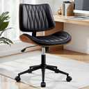 Ergonomic Armless Office Desk Chair - Mid-Century Modern Black Faux Leather with Diamond Stitch, Adjustable Height Swivel Rolling Task Computer Chair with Walnut Accent for Home Office, Study & Work
