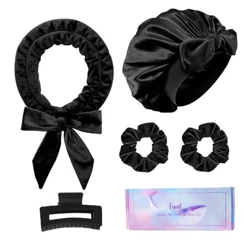 Fgail Heatless Hair Curler and Double Layer Satin Bonnet Set for Overnight Curls - No Heat Curling Rod with silk Bonnet, Sleep-In Safe for Long/Medium Hair, Frizz-Free Waves & Volume(Black)