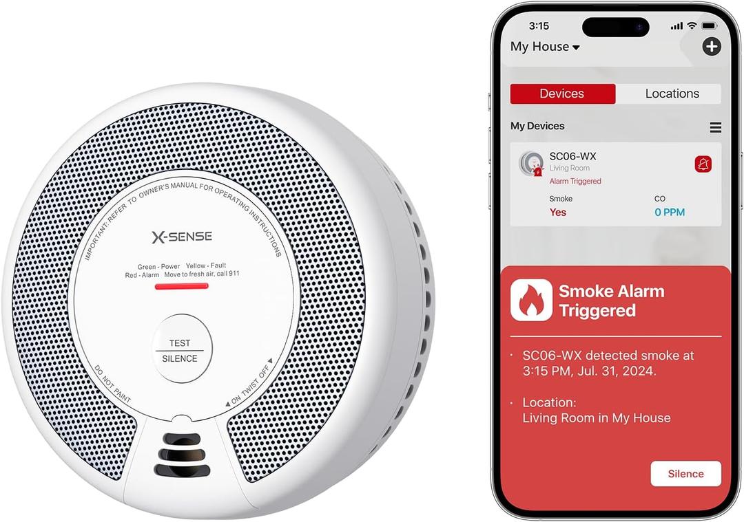 X-Sense Smart Smoke Detector Carbon Monoxide Detector Combo with No Fee App Notification, Replaceable Battery Powered Smoke Detector and Carbon Monoxide Detector, SC06-WX, 1-Pack