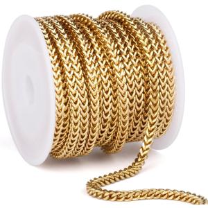 16.5 FT Gold Wheat Chains Bulk, 3.5 mm 18K Gold PVD Plated 304 Stainless Steel Diamond Cut Foxtail Chains Square Franco Chain Roll Spool for Jewelry Making