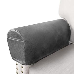 ANARACHON Leather Look Couch Arm Covers Set of 2 Armrest Covers for Sofa Chair Arm Protectors Stretch Armchair Slipcovers with Pockets Washable Spandex Fabric (Small, Light Grey)