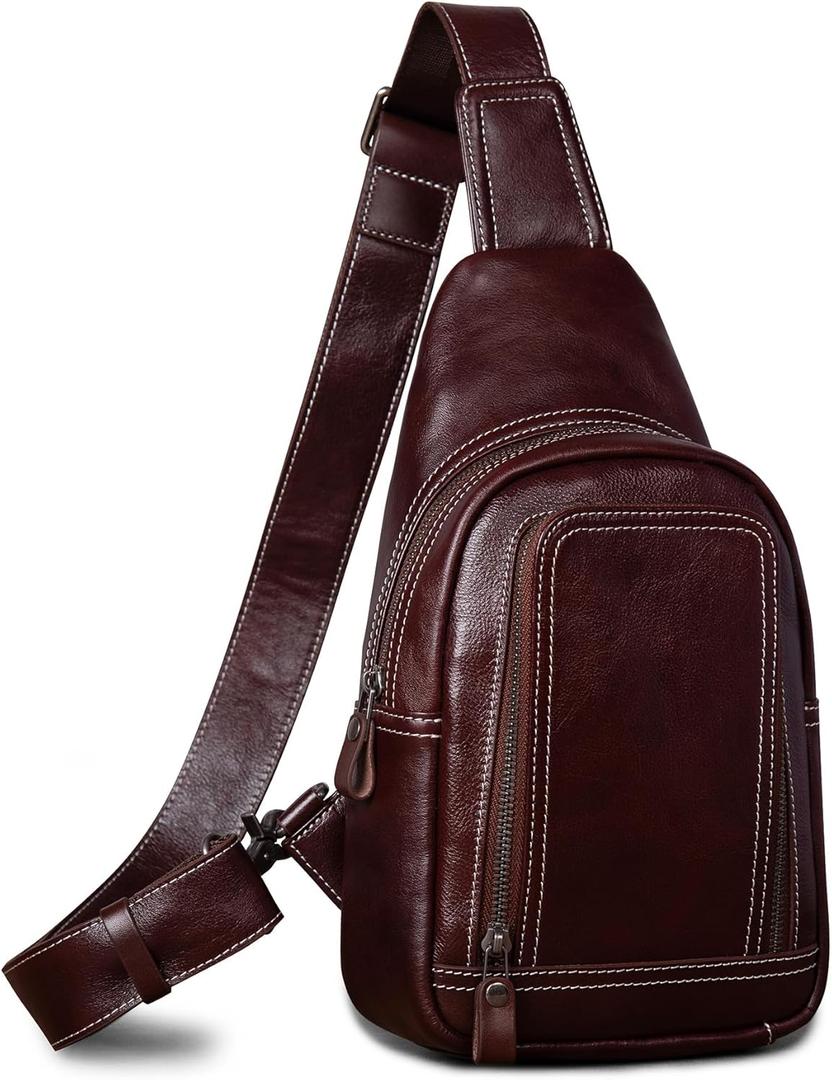Genuine Leather Sling Bag for Men and Women Crossbody Shoulder Bag Sling Backpack Chest Purse Cross Body Pouch (Burgundy)
