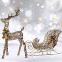 Lighted Christmas Decorations Reindeer & Sleigh 2 Pcs, HOYECHI Light up Christmas Decor Deer Set for Indoor Home Outdoor Front Yard Porch with LED Lights, Plug, Ground Stakes - White