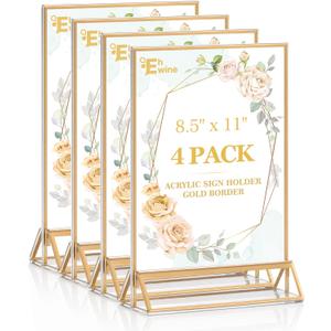 EHWINE 4 Pack Acrylic Sign Holder 8.5 x 11, Double Sided Gold Picture Frame Stand up Table Top Sign Holders, Clear Display Stand Menu Flyer Holder for Wedding Party (Provide Non-slip Mats)