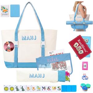 American Mahjong Tile Set, 166 Premium Blue Tiles, 4 All-in-One Color Racks/Pushers, Mahjong Accessories Mahjong Set Complete with Bag (Ma Jong, Mah-Jongg, Majiang)