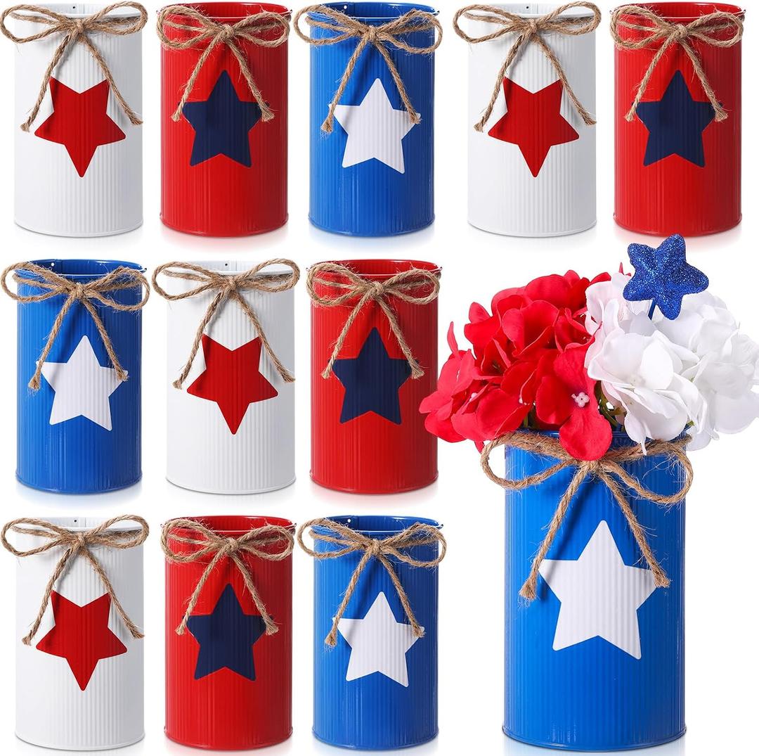 Domensi 12 Pcs 4th of July Table Centerpiece Patriotic Vases Decor Galvanized Metal Vases for Flowers Red White Blue Mason Jars Utensil Holder for Kitchen Home Independence Day Labor Day Decorations