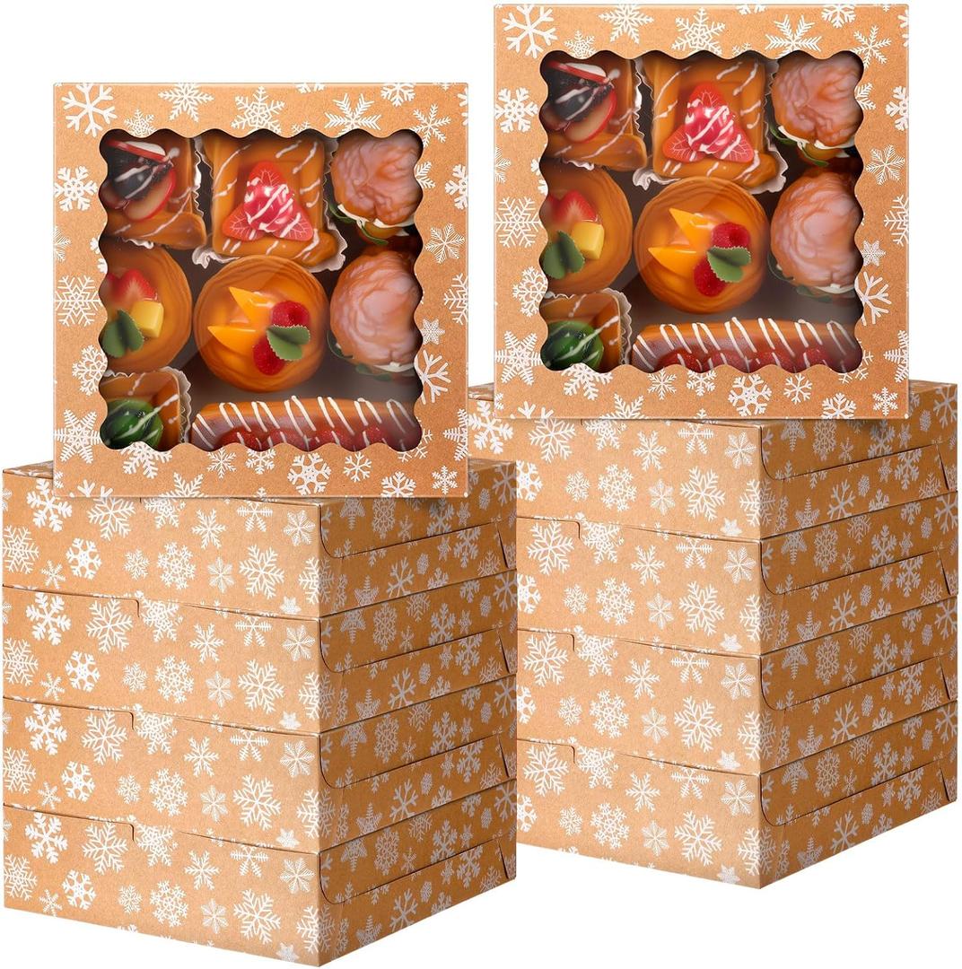 FoldTier 48 Pcs Kraft Christmas Cookie Boxes with Window Bulk 9 x 9 x 2.5 Inch Xmas Snowflake Bakery Gift Boxes for Christmas Party Favors Gift Giving