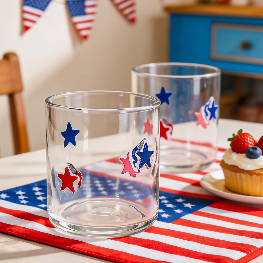 Whaline 2 Pcs Patriotic Icon Juice Glass 14 Oz Red Blue Star Stemless Wine Glass Independence Day Drinking Tumbler Cups for 4th of July Party 250 Anniversary Supplies Kitchen Decorations Gifts, 3.9 x 3.5 inch, 14 oz