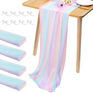 JeogYong 4 Pcs Colorful Chiffon Table Runner - 30 x 118 Inch Sheer Tulle Rainbow Table Runner for Wedding Shower Decorations, Bridal Shower, Garden Party Decorations (Iridescent)