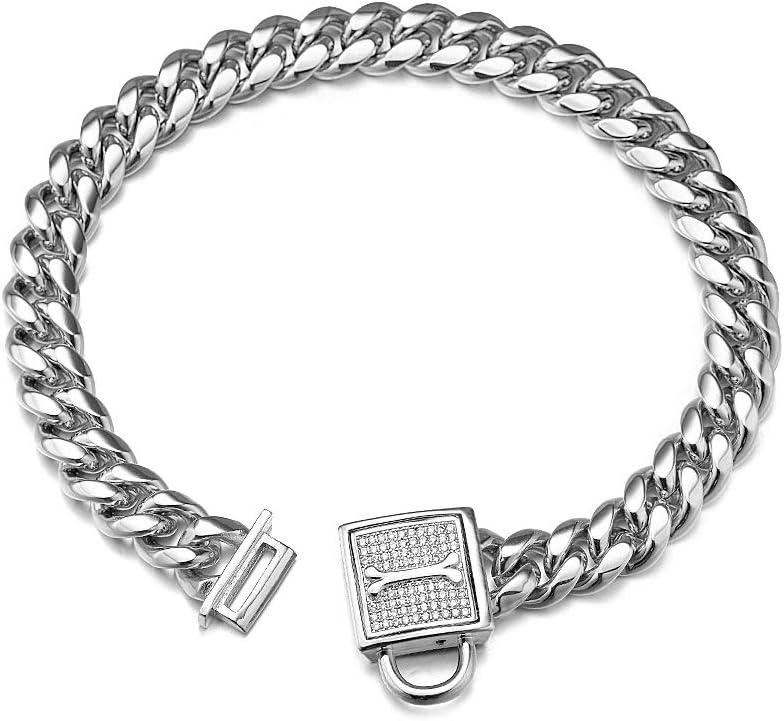 Dog Chain Collar, 12MM Heavy Duty Cuban Chain Collar, 316L Stainless Steel Silver/Gold Dog Training Collar with Bling Zirconia Lock Luxury Dog Necklace for Small Medium Large Dogs(24'', Silver)