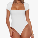 REORIA Womens Sexy Square Neck Double Lined Shirt Stretchy Basic Short Sleeve Going Out Thong Bodysuit Tops, Size L