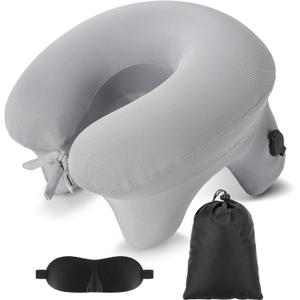 Geelin Inflatable Travel Pillow for Airplane Lightweight Table Inflatable Neck Supports Head and Chin with Compact Bag and Blindfold U Shaped Pillow for Traveling, Train, Car, Office Table(Grey)