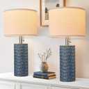 Reaketon 20.5" Modern Ceramic Table Lamps for Bedroom Set of 2, Bedside Lamps for Night Stands with Beige Lampshade, Farmhouse Table Lamp for Living Room Office Dorm, Blue (Dark Blue-1)