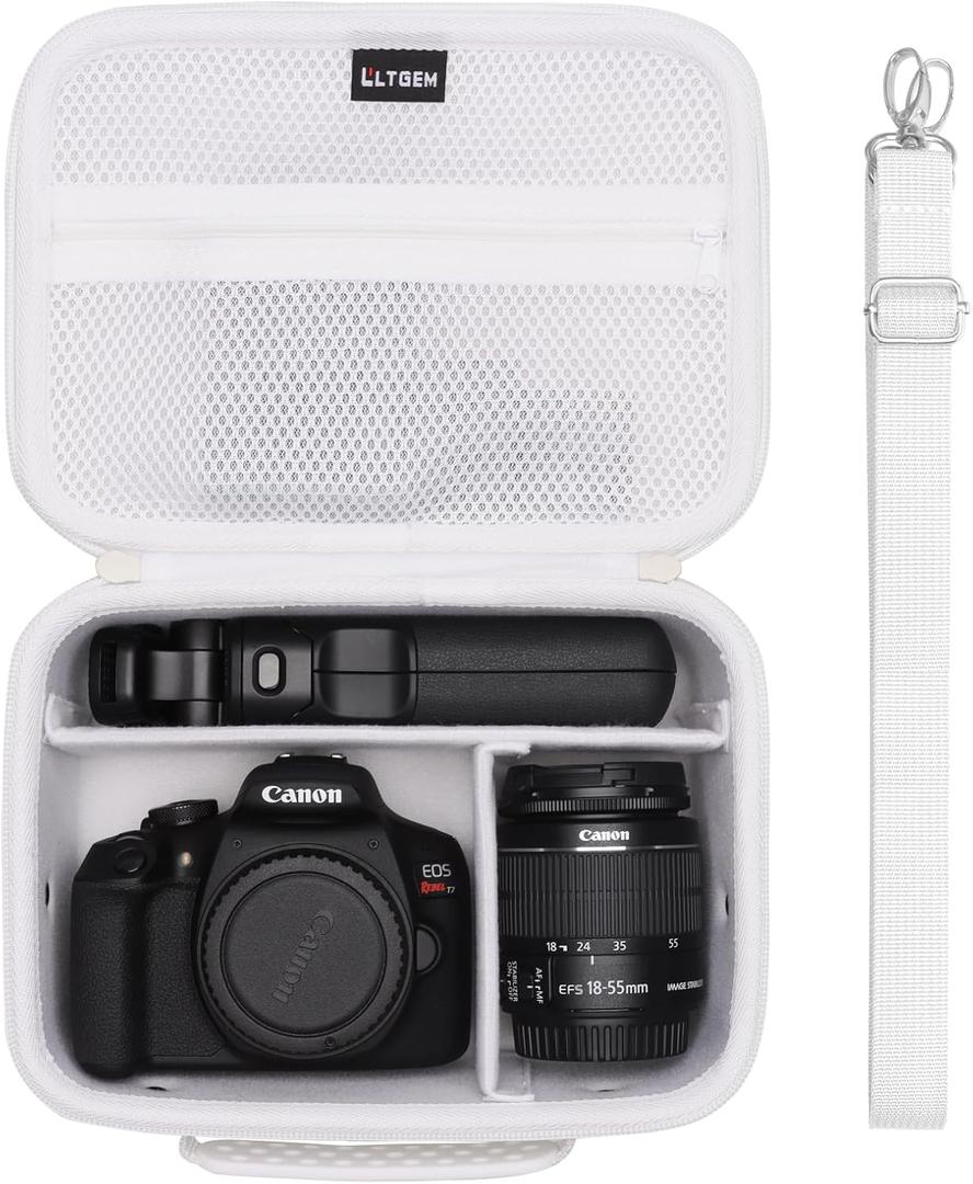 Camera Case Bag Compatible with Canon EOS Rebel T7/R50/R6 Mark II/R100/R50 V/T6/R8/R10/R5 Mark II/RP/R7/5D Mark IV/SL3/R5/T100 DSLR SLR Camera, Len and Tripod with 4 Dividers and Shoulder Strap, White (Small)